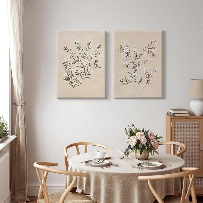 Vintage Botanical Wall Art Neutral Floral Prints Farmhouse Flower Canvas Wall Decor Watercolor Wildflower Pictures Nature Minimalist Artwork for Living Room Bedroom 12x16 Inch Wrapped Canvas Set of 2