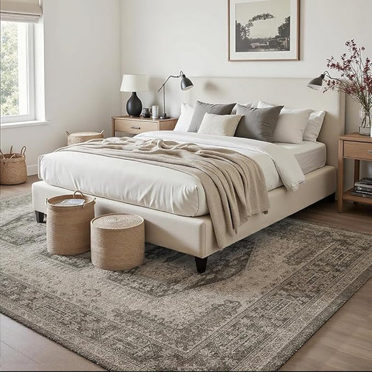 6x9 Area Rugs Grey Brown Washable Rug for Living Room, Dining Room, Bedroom, Large Carpets, Non Slip & Non-Shedding Low Pile Vintage Print Rug for Home Office Decor