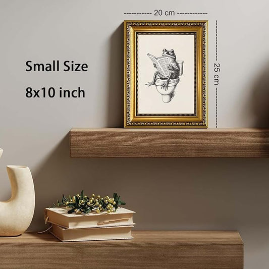 YD&YZY Gold Framed Funny Bathroom Frog Wall Art Canvas Frog on Toilet Reading Newspaper Wall Decor Unique Cute Animal Painting Picture Print for Bedroom Bathroom 8x10 inch Small Framed