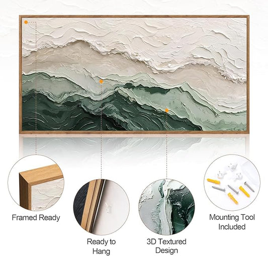 Aurlan Abstract Green Beige Gray Pastel Framed Wall Art(40"x20"), 3D Textured Modern Neutral landscape Canvas Artwork, Large Minimalist Watercolor Ocean Waves Painting Decor for Home Office Living Room Bedroom