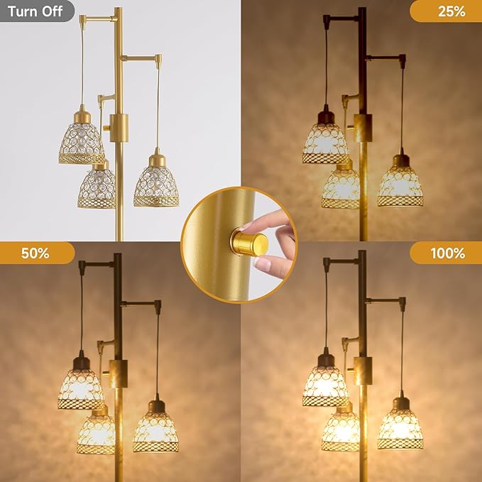 -Modern 3-Head Floor Lamp with Crystal Beads, Industrial Metal Standing Lamp Adjustable Hanging Light for Living Room-Gold