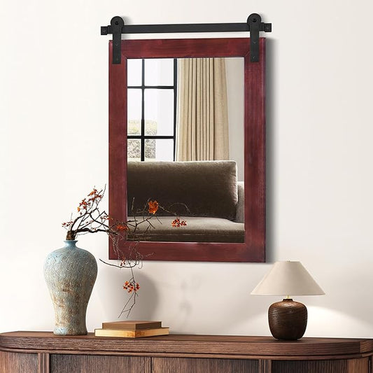 COGOOD Farmhouse Barn Door Mirror - 21 x 30 Rustic Wood Framed Wall Mirror for Bathroom, Living Room, Entryway Wall Decor (Espresso)