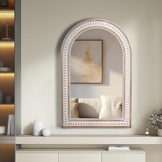 36x24 Inch Boho Beaded Arched Wall Mirror for Bathroom Over Sink, Rustic Farmhouse Decorative Arch Mirrors for Living Room, Entryway, Hallway