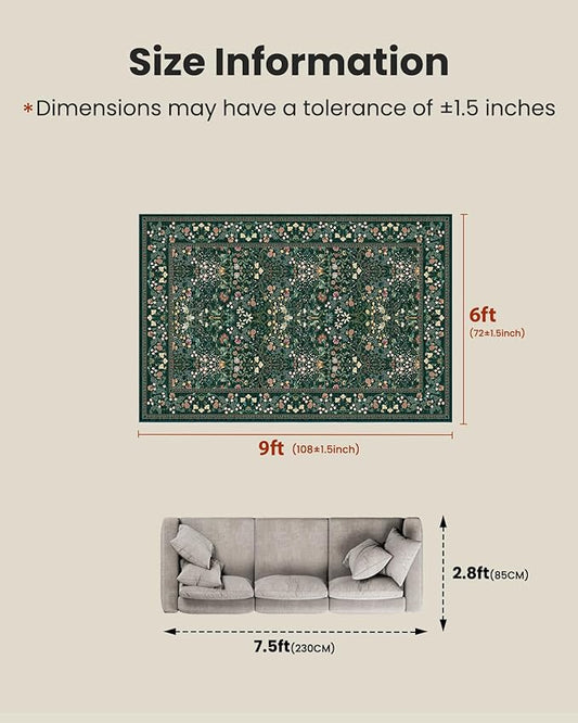 AMADA HOMEFURNISHING 6x9 Area Rugs, Non-Slip & Low-Profile Living Room Rug with Durable Edge Binding, Soft Large Washable Floral Rug for Living Room, Bedroom, Dining Room