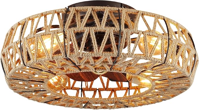 20 Inch Boho Caged Bladeless Ceiling Fan with Light,Flush Mount Rattan Fandelier Ceiling Fans Lights and Remote Contro,Enclosed 6 Speeds Low Profile Farmhouse Fan Light for Bedroom,Kitchen,Living Room