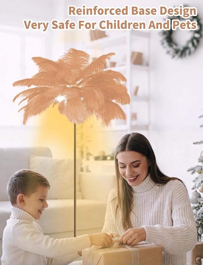Feather Floor Lamp,Fluffy Ostrich Feather Floor Lamp for Bedroom,3 Color Temperatures Led Corner Modern Floor Lamps for Living Room Christmas Home Decor House Warming Gifts,63″ Height (Champagne)