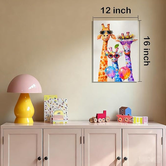 12x16 Graffiti Giraffe Family Canvas Wall Art, Colorful Framed Animal Prints with Sunglasses & Balloon, Funny Lovely Artwork for Kids, Teen Boys Girls, Nursery Bedroom & Living Room Home Decor