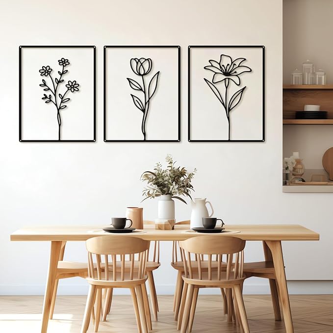 Otoolling 3 Pieces Metal Minimalist Line Kitchen Signs Wall Decor Drawing Rustic Bathroom Wall Art for Dining Living Room Bathroom Home, 14 x 11 Inches (Flower,Black)