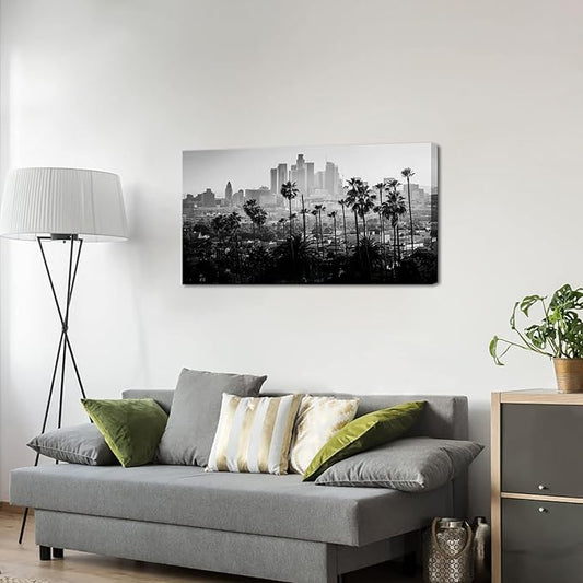 FuShvre City Canvas Wall Art Los Angeles Downtown Picture Print Black and White LA Cityscape Painting for Wall Decor Framed 20"x 36"