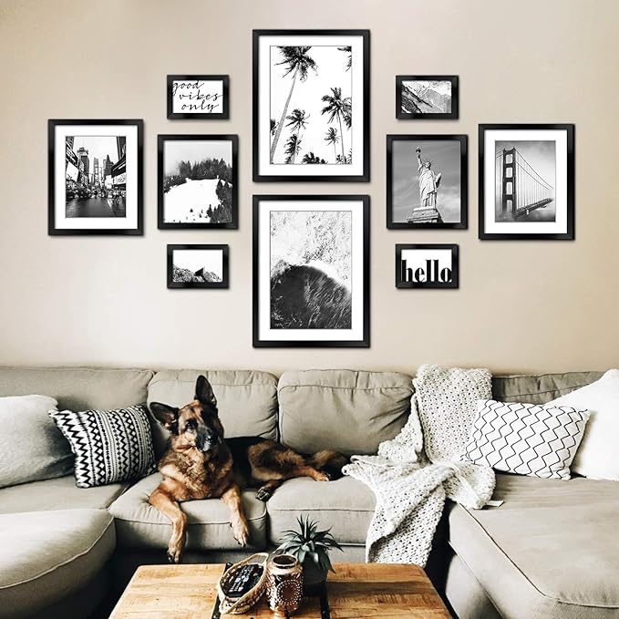 ArtbyHannah Gallery Wall Frame Set for Living Room, Multi-Size Black Picture Frames with Landscape Print Pictures, Hanging Wall Art Decor Black Photo Frame for Staircase Decoration (10 Pack)