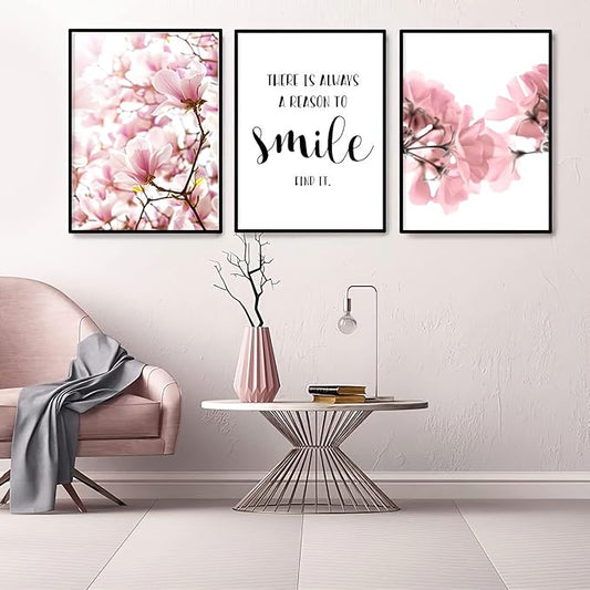 Framed Scandinavian Flower Canvas Poster Pink Magnolia Floral Print Painting Nordic Smile Quote Art Wall Pictures for Living Room Office Bedroom Home Decor -3 Pack (12 X 16Inch)