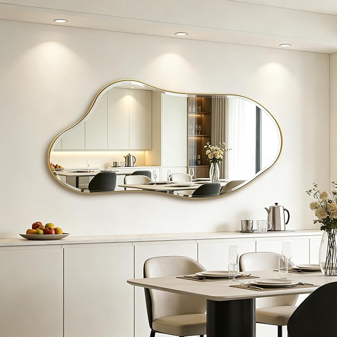 POZINO Large Irregular Beveled Mirror, 63"x31.5" Premium Asymmetrical Full Length Mirror with Gold Metal Frame, Organic Wall Mirrors for Living Room Bedroom Hallway Entryway, Horizontal/Vertical
