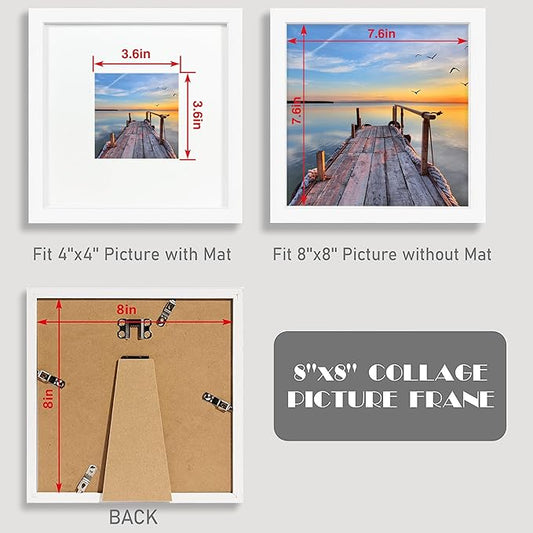 Hongkee 8x8 Picture Frames with Real Glass, White Wooden Square Photo frame Set of 3, Displays 4x4 Picture With Mat or 8x8 Without Mat, Desktop & Wall Collage Frame set