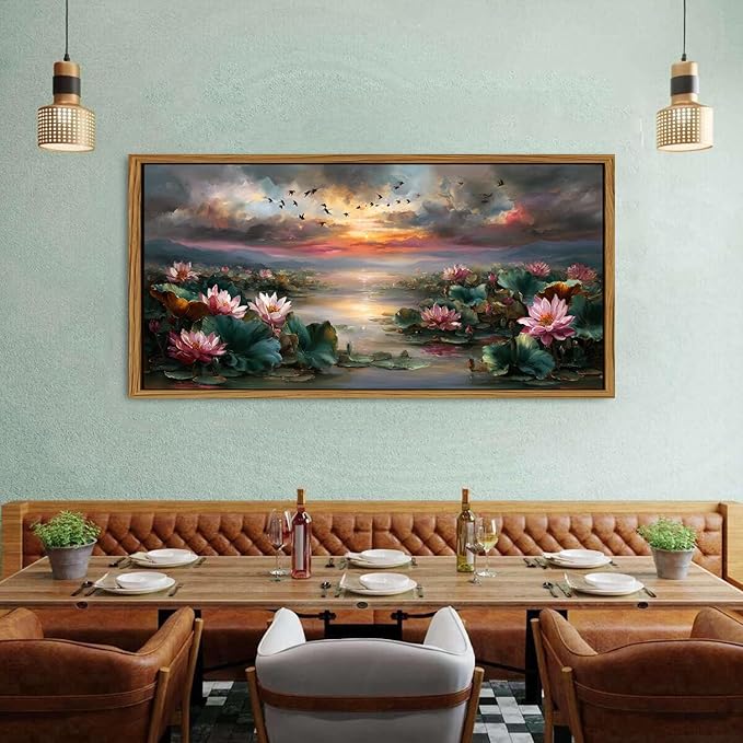 Zen Wall Art Framed Pink Lotus Flower Decor Abstract Blooming Botanical Canvas Prints Vintage Floral Pictures Nature Sunset Pond Landscape Modern Artwork for Bedroom Living Room Home Decoration 30x57.8"