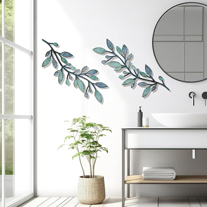 2 Pcs Colorful Tree Leaf Wall Art Decor Vine Home Wall Decoration Olive Branch Leaf Wall Decor Large Wall Decor for Bedroom, Living Room, Wall Sculptures Indoor Outdoor (Blue Green)