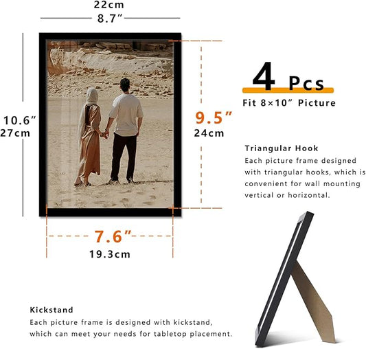 A ART·ZONE Black Picture Frames - 8x10-4 Pack Photo & Poster Frame Set for Wall Decor & Tabletop Display, Minimalist Black Frame Collection
