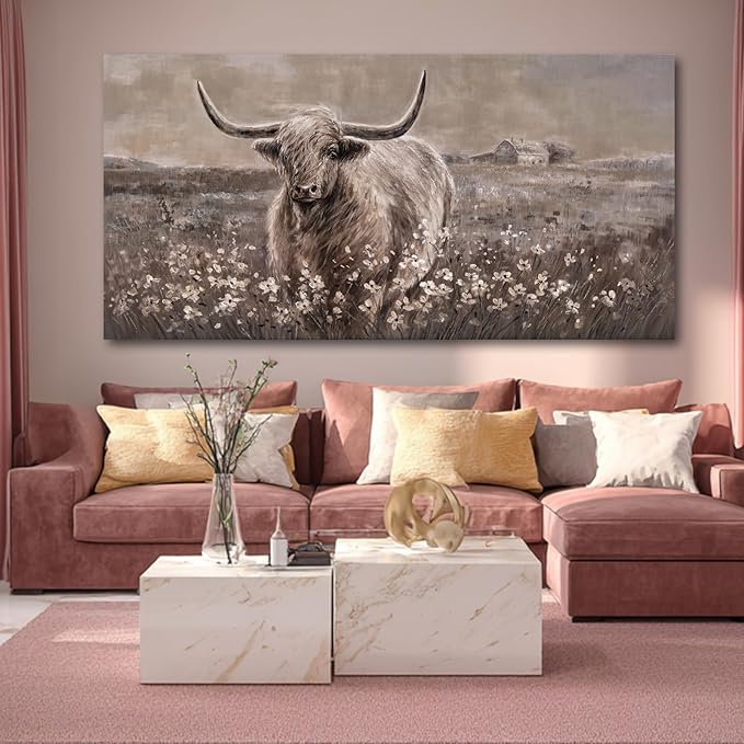 Neutral Beige and Brown Highland Cow Canvas Wall Art - 29x58 Inch Large Framed Painting for Modern Living Room, Rustic Bedroom, Farmhouse Office, Vintage Home Decor