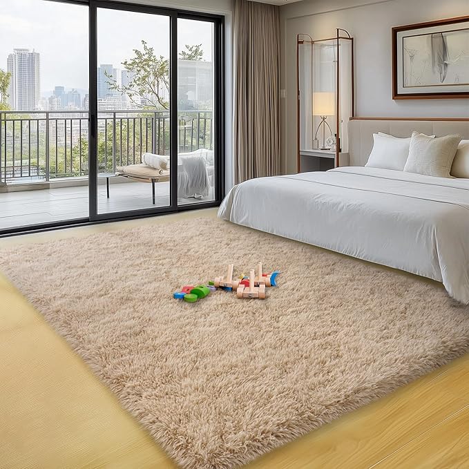 qulint 3x5 Area Rug for Bedroom, Fluffy Soft Shag Bedside Rug Fuzzy Tan Small Area Rug for Nursery, Plush Shaggy Carpet for Boys and Girls Dorm Kid Room Living Room Home Decor (3ft x 5ft, Light Tan)