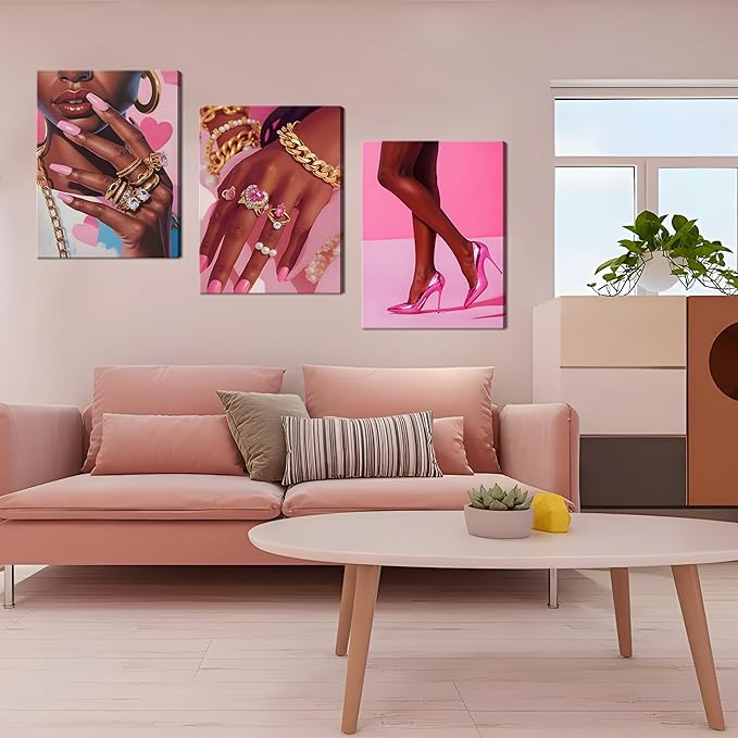 Framed Pink Black Girl Wall Art Set of 3, African American Black Women Canvas Prints Poster, Fashion Gorgeous Girl Paintings Pictures Artwork for Bathroom Bedroom Living Room Wall Decor 12x16 Inch