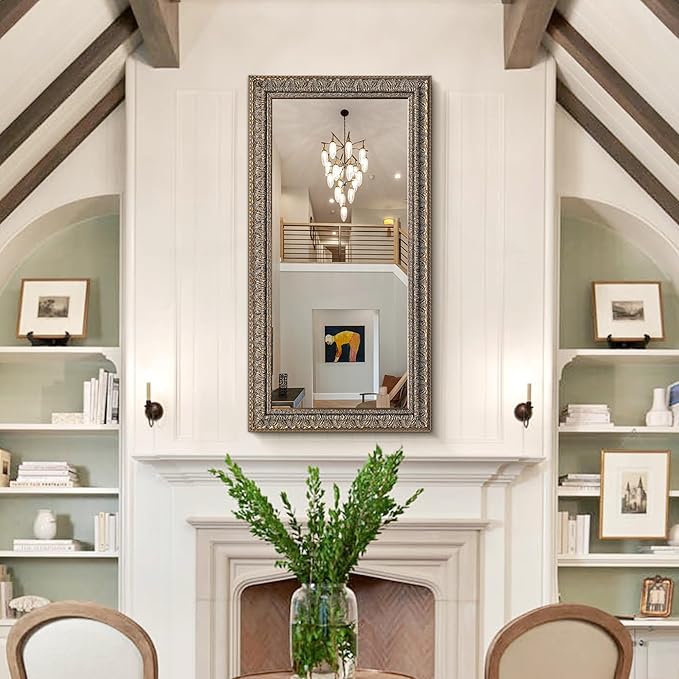 Chende Long Narrow Mirror for Decor, 48" L x 24" W Large Ornate Wall Mirror with Bronze Wood Leaf Frame, Rustic, Elegant Wooden Wall Decoration for Bathroom, Entrance, Fireplace