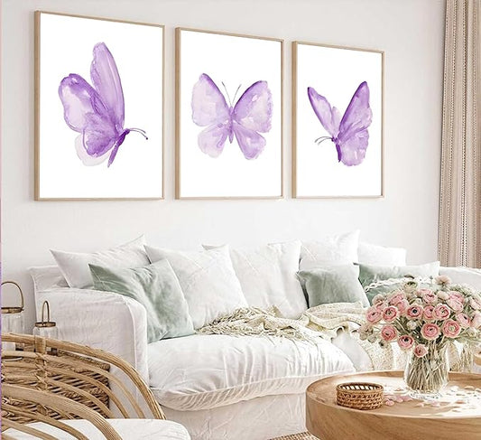 ZLYARTMP 3Pcs Butterfly Wall Art Purple Butterfly Posters Pictures Minimalist Cute Animal Prints Paintings Aesthetic Preppy Room Canvas for Girls Bedroom Nursery Home Wall Decor Gift Unframed
