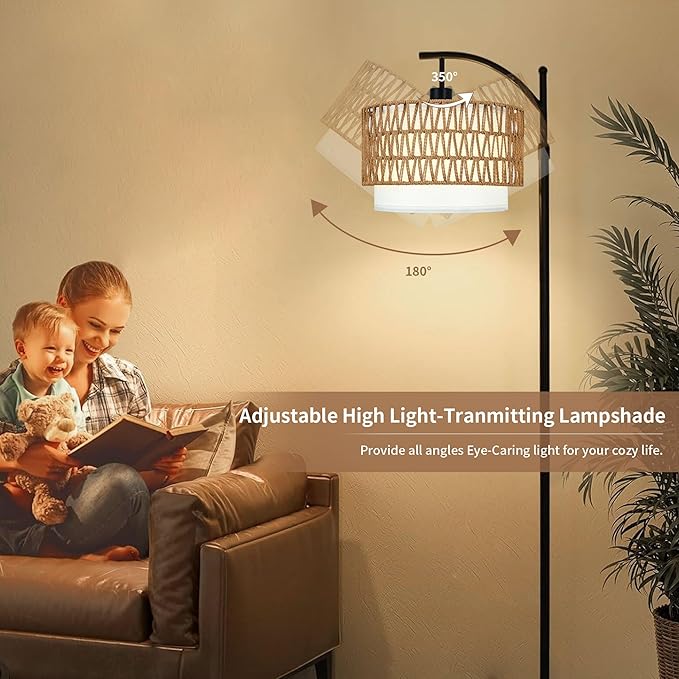ZECOXOL Arc Floor Lamp for Living Room Boho Floor Lamps with Remote Control & with 3 Color Temperatures,Rattan Wicker Standing Lamp Dimmable Tall Floor Lamp for Bedroom Living Room Corner