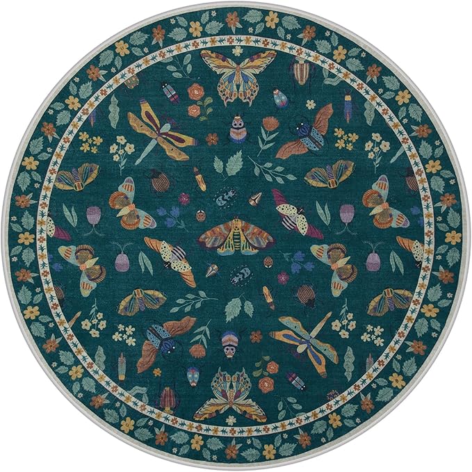 Lahome Insect Washable Round Area Rug, Soft Round Rugs 6ft Ultra-Thin Non-Slip, Boho Large Circle Carpet for Bedroom Living Room Kitchen Nursery Vionnet, Dark Green