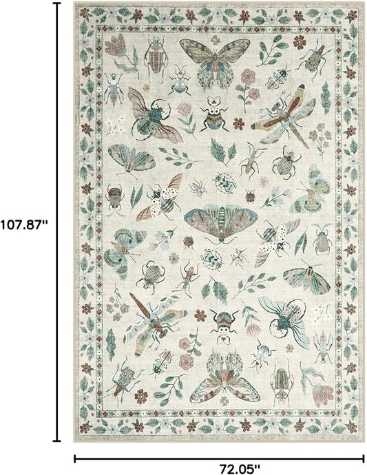 Lahome Insect Print Washable Rugs for Living Room, Soft 6x9 Area Rugs for Bedroom, Ultra-Thin Non Slip Modern Area Rug Low Pile Throw Carpet for Dining Room Office Vionnet(6'x9',Beige)
