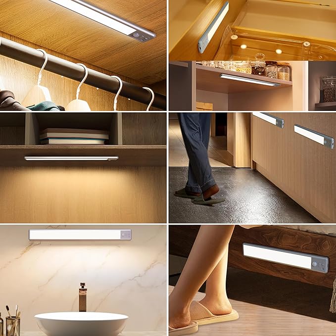 Reoshine 63 LED Closet Lights Motion Sensored, 2500mAh Rechargeable Under Cabinet Lighting, Dimmable & Magnetic Light Bar for Kitchen Cabinets, Hallways (2 Pack)