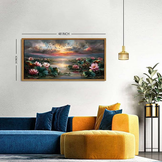 Framed Lotus Flower Decor Zen Wall Art Vintage Pink Floral Pictures Rustic Blooming Botanical Canvas Prints Farmhouse Wildflower Painting Dusk Artwork for Bedroom Living Room Home Decoration 24x48