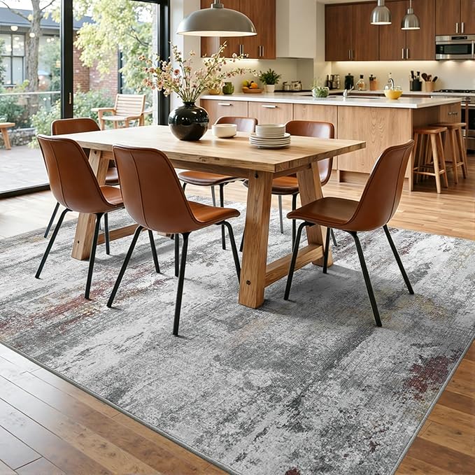 9x12 Ft Extra Large Washable Area Rugs for Living Room, Soft Non-Slip Modern Abstract Print Pattern Carpet for Bedroom Indoor Floor Nursery Home Decor (Grey/Gold-Brown/Red-Brown)