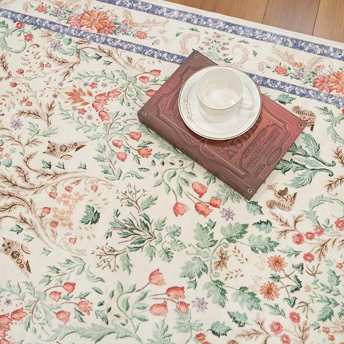 3x15 Ft Long Hallway Runner Rug - Non-Slip Washable Kitchen Runner Rug with Rubber Backing | Botanical Vintage Florals Wide Floor Carpet Runner for Indoor Entryway, Bedroom, Living Room Cream, 3x15