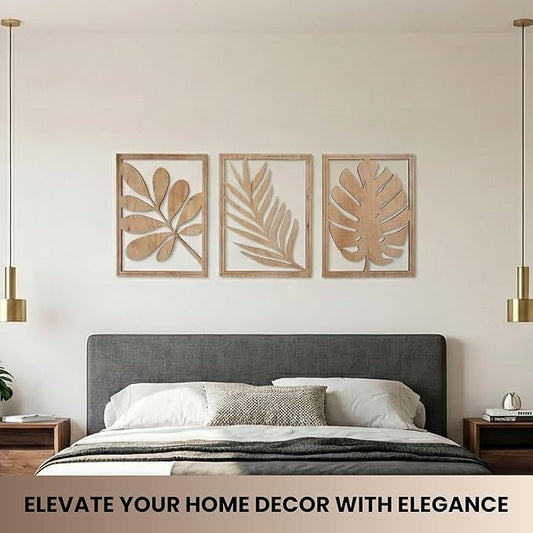 qmmp Modern Wooden Wall Sculptures - Set of 3 - Home Decor Accent - Large Wall Art for Living Room, Bedroom, Office - Easy Installation (Oak, Large - Tree Leaves)