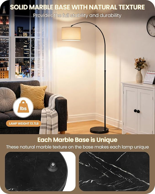 75" Arc Floor Lamp with Marble Base and Adjustable Height, Rotating Hanging Shade, Dimmable Floor Lamp for Living Room with Remote and Foot Switch, 3CCT, Over Couch Arched Light, White Shade W15LD05