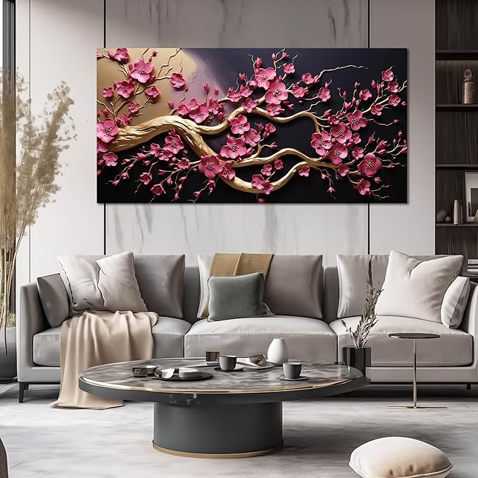 Ouzzlie Pink Wall Art for Living Room Large Plum Blossom Tree Picture Wall Decor Flower Canvas Art Print Black Artwork for Bedroom Office 29" x 59"