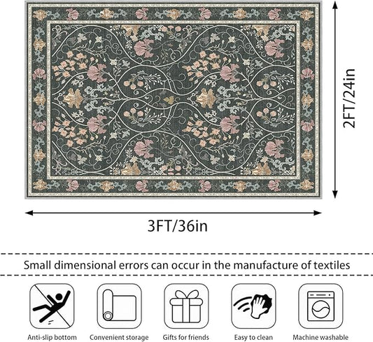 Entryway Rug 2x3 Washable Vintage Floral Rug Non Slip Low Pile Small Rugs, Floral Front Door Rugs for Entrance Kitchen Bedroom Laundry Bathroom Dark Grey