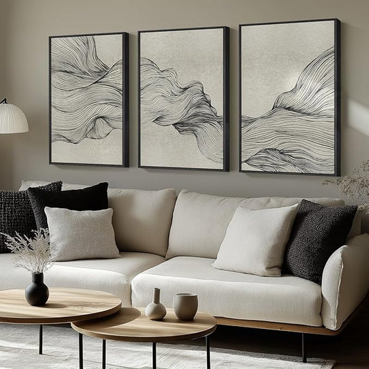 Large Framed Neutral Modern Abstract Wall Art, 3 Piece Black and Beige Canvas Prints Paintings Artwork for Walls, Minimalist Line Pictures for Living Room Hallway Office Wall Decor -Total 30x60 Inch