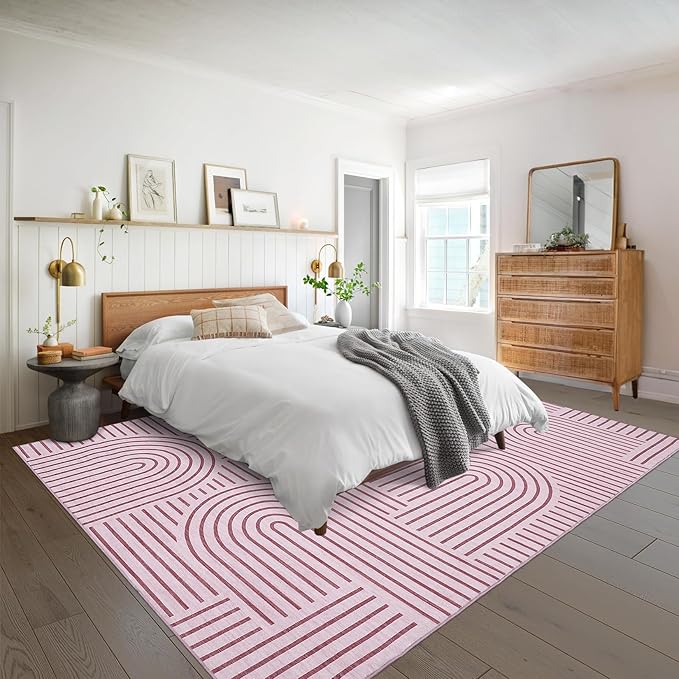 ROYHOME Washable Rug 5x7 Area Rugs for Living Room, Abstract Rug for Bedroom, Soft Rainbow Non Slip Throw Rugs with Rubber Back, Low Pile Stain Resistant Boho Geometric Carpet for Dining Room, Pink