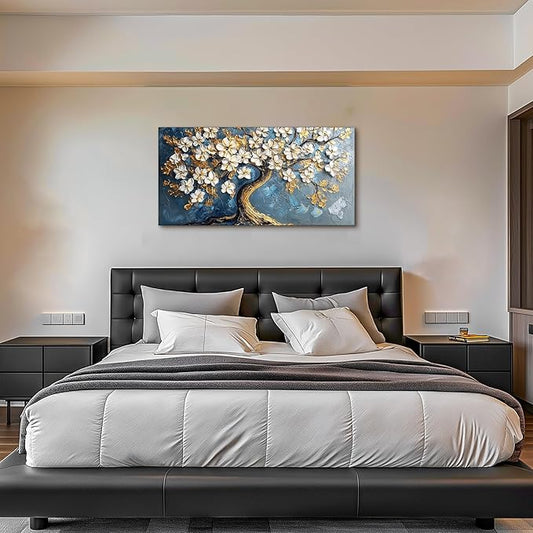 SERIMINO Tree of Life Large Canvas Wall Art, Abstract Gold Tree Modern Office Decorations, Nature White Floral Artwork for Walls, Navy Blue Pictures Wall Decor Living Room Bedroom Art Prints 20"X40"