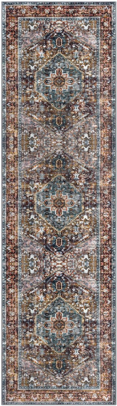 KOZYFLY Runners for Hallways 2x7 Ft Washable Kitchen Runner Rug Boho Runner Rug for Entryway Indoor Printed Oriental Faux Wool Floor Carpet Runner for Bedroom Kitchen Hall, Brick Red/Orange/Green