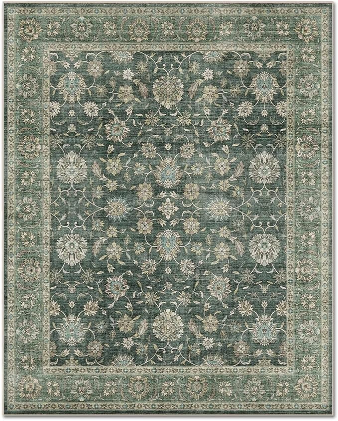 Washable 6x9 Area Rugs for Living Room, Boho Non-Slip Vintage Distress Large Rugs for Bedroom Dining Room Nursery Office, 0.3" Neutral Oriental Throw Thin Carpet, Sage Green/Multi, E1