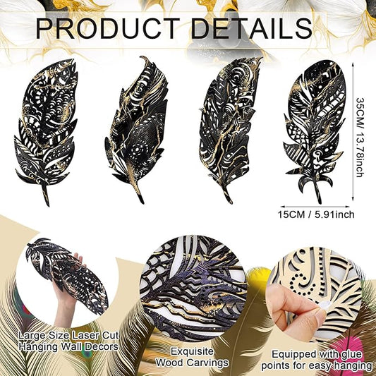 Qunclay 4 Pieces Feather Wall Decor Wooden Feather Wall Art Boho Wall Decor Laser Cut Hanging Mandala Large Rustic Farmhouse Wood Sign for Home Living Room Bedroom Bathroom Kitchen(Black, Gold)