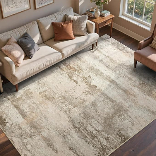 4x6 Ft Abstract Area Rugs for Living Room, Soft Non-Slip Modern Washable Rugs Print Pattern Carpet for Bedroom Indoor Floor Nursery Home Decor (Pink-Brown/Light tan)