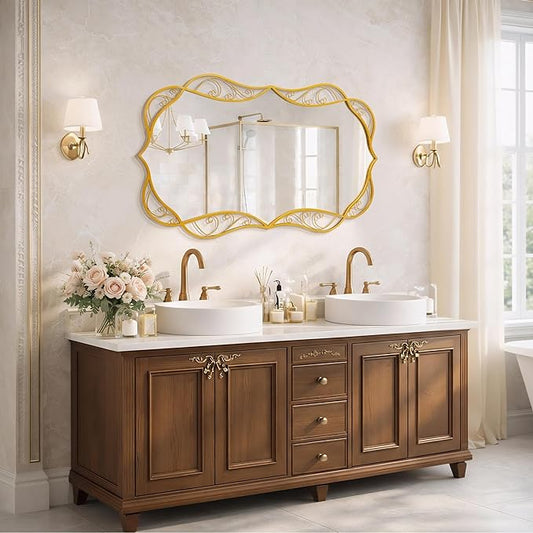 Besdomus Bathroom Gold Wall Mirror: 30"x48" Scalloped Modern Large Wall Mounted Mirror - Farmhouse Vanity Mirror Vertical or Horizontal Hanging - Home Decor for Bathroom/Living Room/Hallway