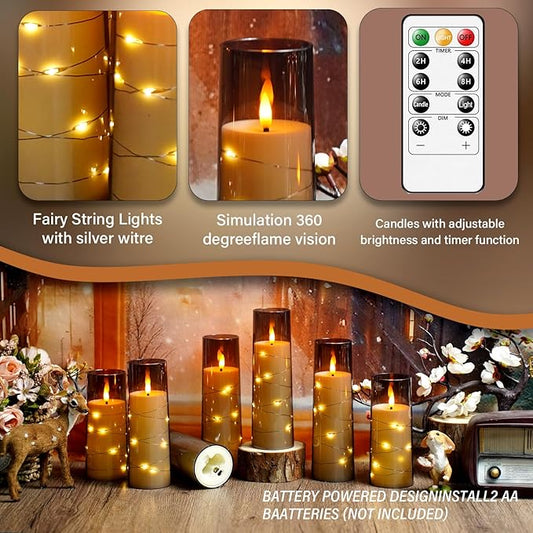 Flameless LED Candles with Timer 24 Pc Flickering Flameless Candles for Romantic Ambiance and Home Decoration Stable Acrylic Shell,with Embedded Star String,Battery Operated Candles(Grey)