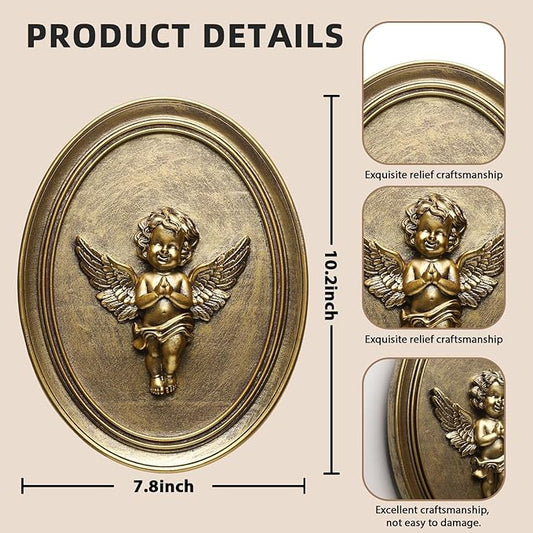 Vintage Cherub Wall Sculpture Antique Wall Decor Hand Painted with Embossed Cherub Design, Oval Aesthetic Room Decor, Vintage Decoration for Living Room Hallway and Bedroom,Unique Gifts