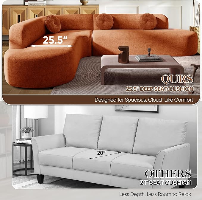 Deep Seat Curved Sectional Sofa - Cloud Round Couch with Elegant Curved Design & 3 Round Cushions, L-Shaped Comfy 4 Seater Floor Sofa, No Assembly Required (Orange)
