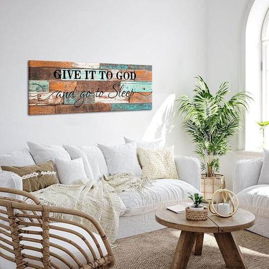 KREATIVE ARTS Vintage 36"x12" 'Give It To God And Go To Sleep' Canvas Prints - Rustic Farmhouse Wall Art Decor for Master Bedroom, Above Bed Hanging Decoration