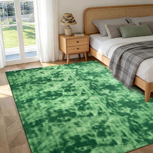 FinRèc 4x6 Washable Area Rugs for Bedroom Living Room, Low Pile Thin Ultra Soft Shag Rug, Non-Slip Carpet Indoor for Home Decor (Tie-dye Green)