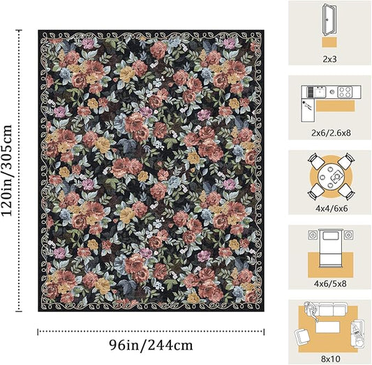 8x10 Machine Washable Area Rug for Living Room, Dark Blue Black Vintage Boho Floral Rug Large Non-Slip Low Pile Soft Faux Wool Carpet Kids and Pets Friendly for Bedroom Dining Room Farmhouse Decor Rug